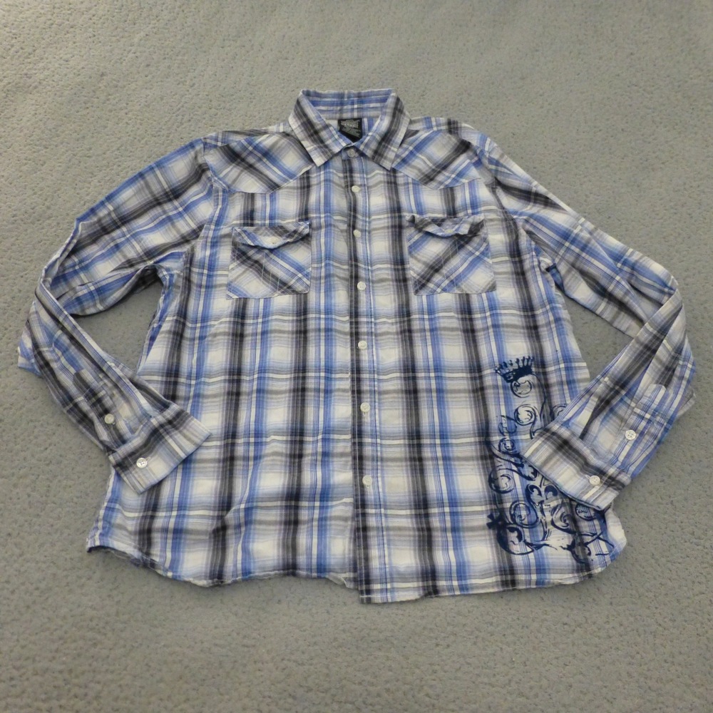 MMA Elite Shirt Mens Large Blue Plaid Graphic Button Up Vini Vidi Vici Y2K